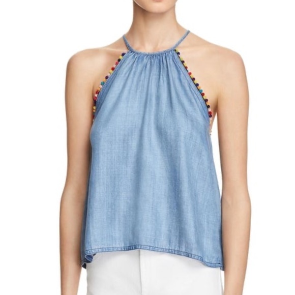 Honey Punch Tops - NWT Honey Punch Denim PomPom Trimmed Tank Top